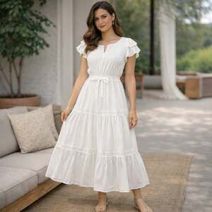 Promesa White Flutter Sleeve Crochet Lace Tiered Maxi Dress Size S